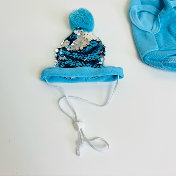 Blue Flip Sequin Snowflake Dog Pet Sweater & Matching Pom Pom Adjustable Hat Set - Picture 4 of 9